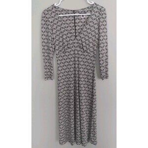 Pink Tartan Women's Brown Fit Flare Silk Retro Style Dress 3/4 Sleeve S